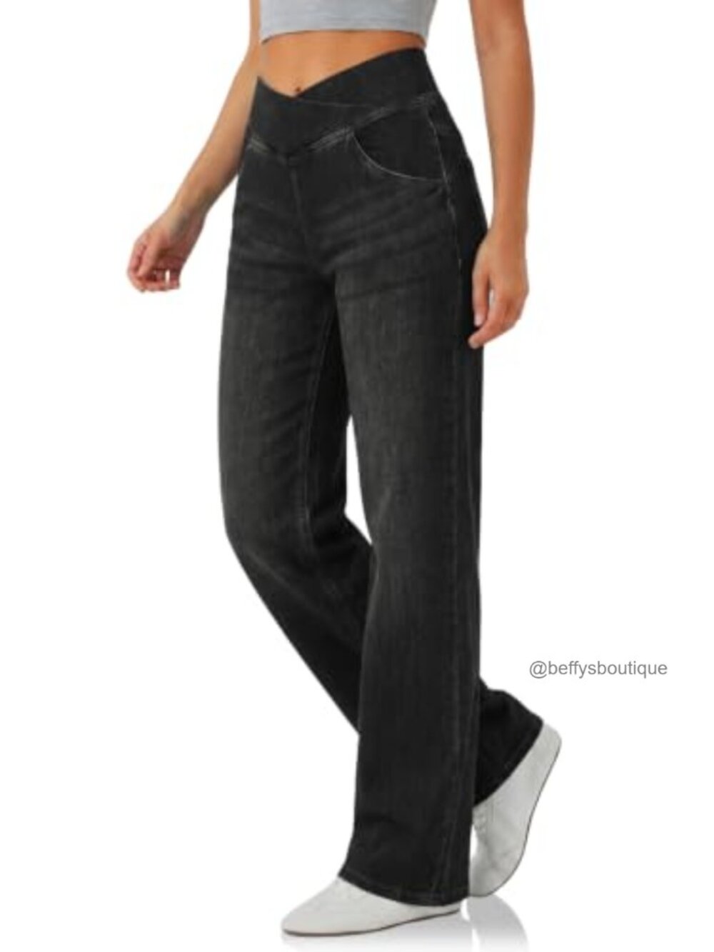 Wide Leg Pull On Stretchy Crossover High Rise Denim Jeans